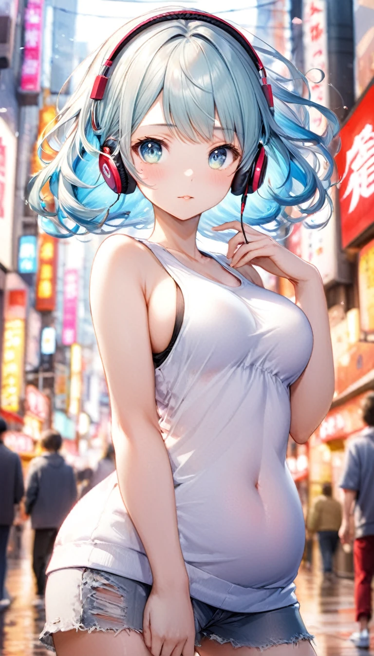 (Highest quality,8k,32K,masterpiece,Ultra-high resolution :1.2 ),born,One girl,Super cute,Natural light,Clear, shining eyes,20-year-old,Fair skin,A fantasy background of a Japanese Shibuya-esque electronic world,Random hair color,Random breast size,Random hairstyle,Tank top,headphone,Her hair is fluttering,Tight,Plump Breasts