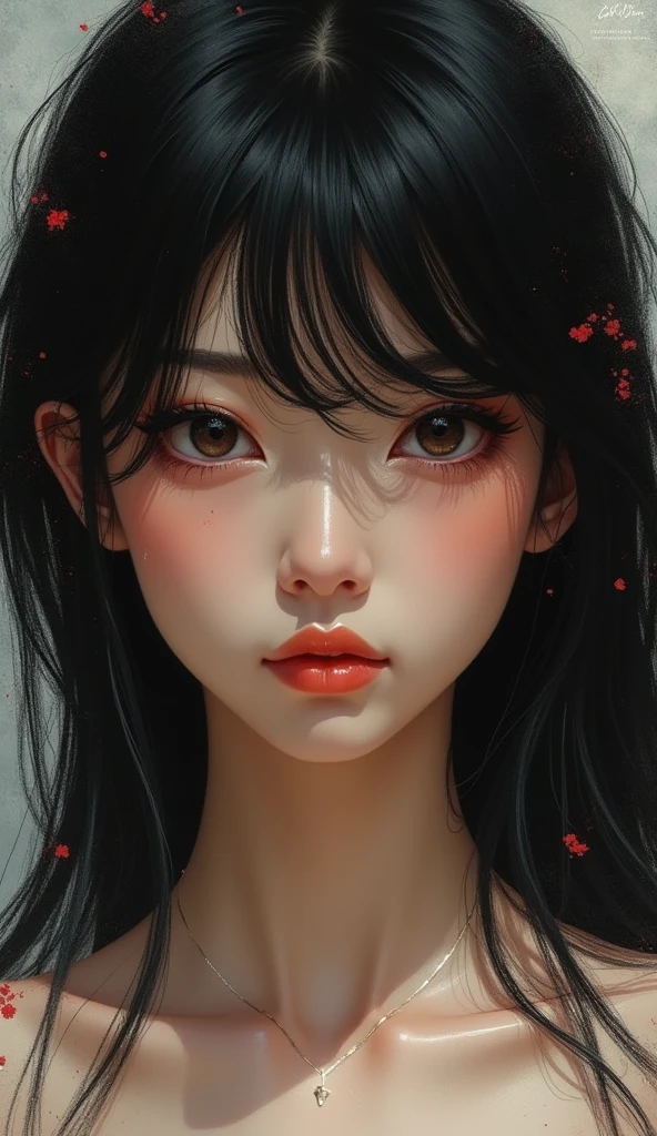 hyper-detailed front portrait of black-haired woman, front center view, t-shirt, by James Jean style, highly detailed face, digital art, impressionism, deep gaze, princess eyes, best dynamic composition
