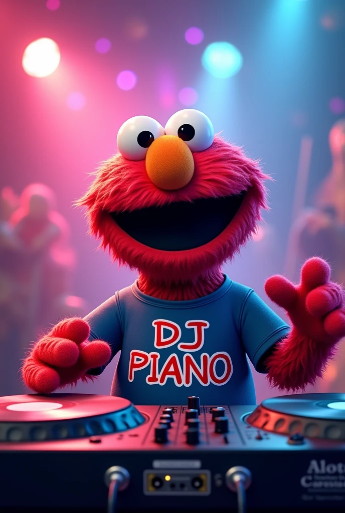 A DJ Elmo with a t-shirt that says DJ PIANO