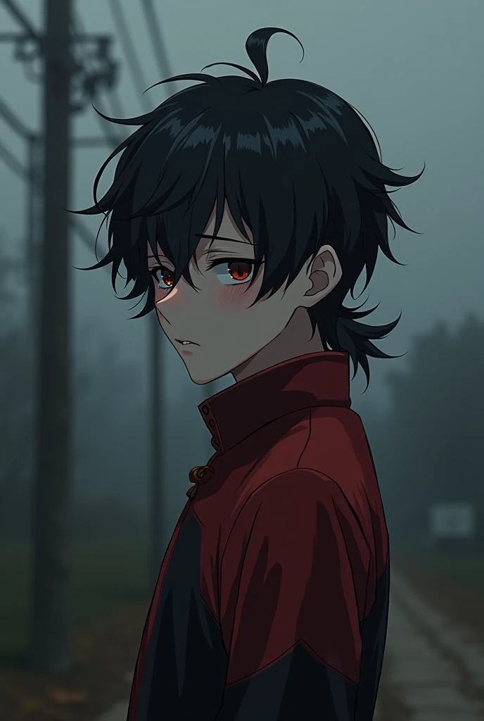I want a 12 year old boy who has red and black and white clothes has black and white hair anime theme sad boy 12 year old teenager