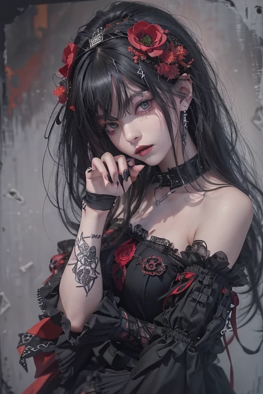 Highest quality、、masterpiece：1.3、Gothic Punk、Red inside、Gray Black Hair、hair ornaments、beautiful girl、creative、Punk Shirt、Neogoth、Goth Fashion：1.2、High resolution、masterpiece、Highest quality、頭w:1.3、((Hasselblad Photos))、Fine skin、Sharp focus、(Cinema Lighting)、Explore Tokyo&#39;The night city beyond the neon lights, Forehead open, 17 years old、Petting&#39;Hair back、Shoulder Bare、Small red rose tattoo on the décolletage、Just one tattoo