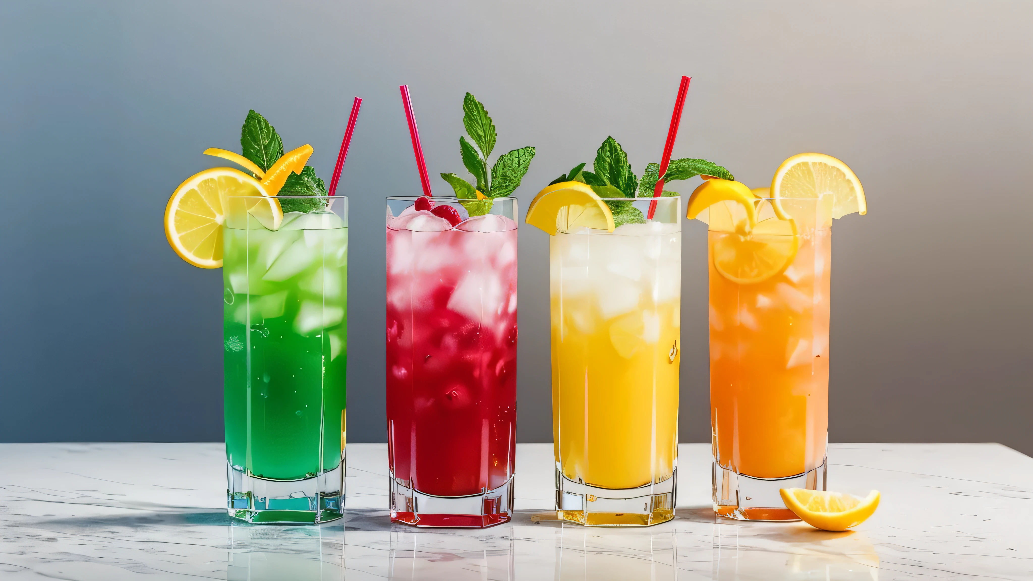 The image features a visually striking arrangement of colorful, artistically prepared beverages, such as vibrant cocktails and fresh fruit juices. Each drink is presented with an emphasis on its vivid colors and artistic presentation. Arrangement: The drinks are elegantly displayed in an array of glassware that complements their contents. The image includes a mix of highball glasses, martini glasses, and elegant tumblers, each filled with a different, vividly colored beverage. The drinks may feature garnishes such as fresh fruit slices, colorful cocktail umbrellas, and edible flowers, adding to their visual appeal. Details: Colorful Beverages: The focus is on the rich, vibrant colors of the drinks. For example, a tropical cocktail with layers of bright orange, yellow, and red can be highlighted, alongside a refreshing blue lagoon with its striking blue hue. The colors should be saturated and visually captivating, showcasing the freshness and appeal of the beverages. Garnishes and Decorations: Each drink is meticulously garnished with decorative elements such as slices of citrus fruit, mint sprigs, or cherries. These garnishes add an extra layer of visual interest and enhance the overall presentation of the drinks. Background: Complementary Backdrop: The background is designed to enhance the visual appeal of the drinks. A soft-focus or gradient background in complementary colors—such as a cool, muted blue for a tropical cocktail or a warm, sunny yellow for a citrus drink—creates a harmonious setting. The background should be subtle, ensuring that the drinks remain the focal point. Surface and Lighting: The drinks are placed on a sleek, reflective surface such as a polished bar counter or a glass tabletop. The surface may have a slight sheen, reflecting the colors and details of the beverages. The lighting is soft yet vibrant, with a focus on creating highlights and shadows that accentuate the drinks’ colors and textures. Composition: Layered Presentation: F
