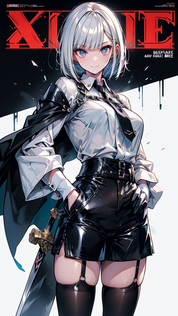 Magazine Cover　Adult female　Bobcut　Silver Hair　expensive　Narrow eyes　smile　Glare　frivolous attitude　White shirt　Black hot pants　Black long gloves　Black knee socks　Please put your hands on your hips　Japan Hold the sword to your waist　Cape　mechanized japanese castle