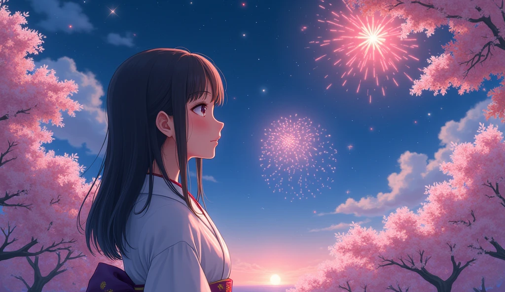 very cute、14 years old、girl、Straight Long Hair、yukata、firework、Night Sky、Cherry blossom trees、yukataの胸元がはだけている、