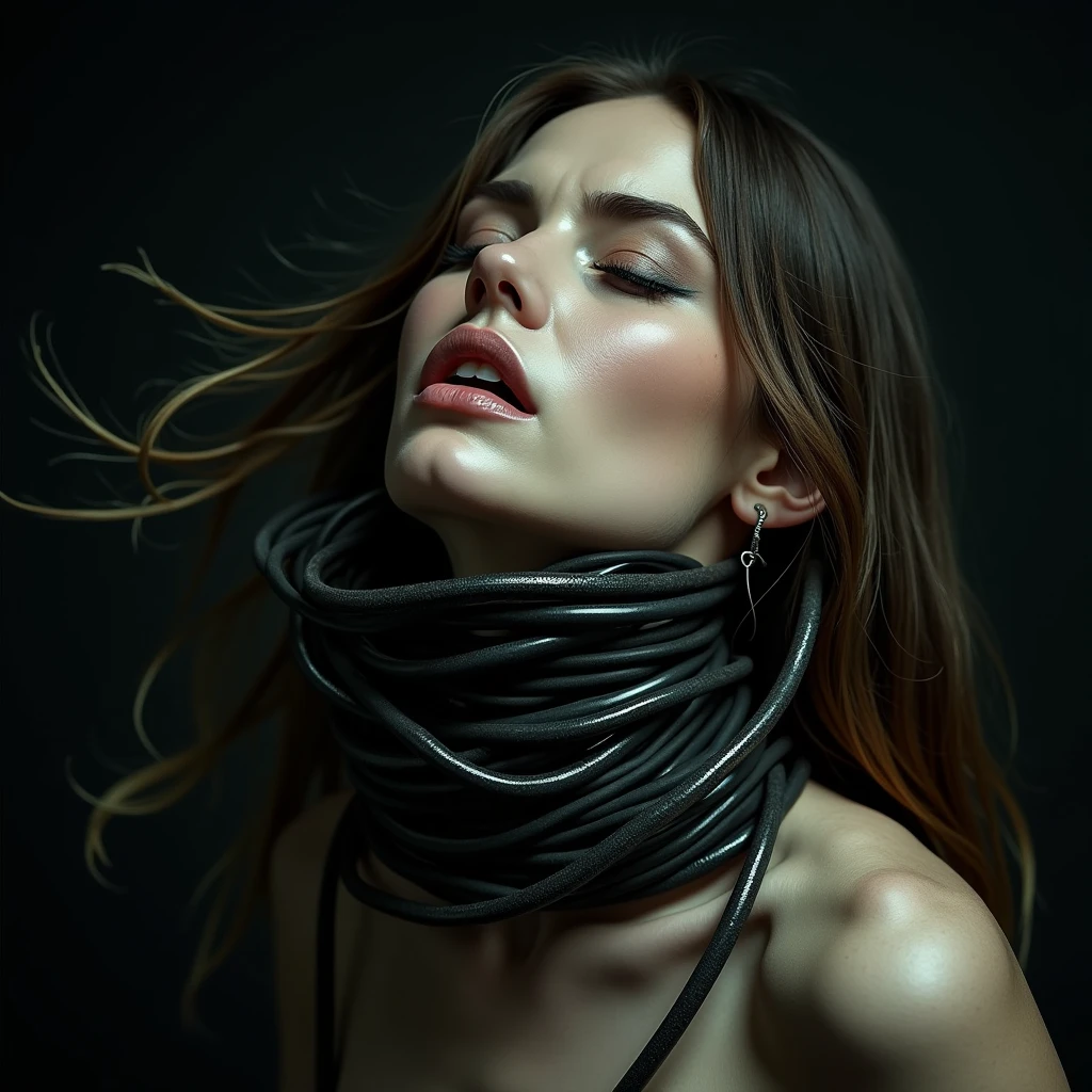 close up of woman getting strangled by cables, cables around her neck, chocked by wires, beautiful woman trying to breath.