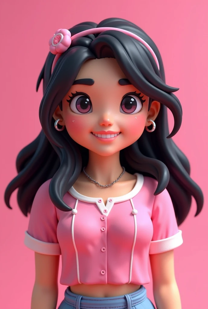 Create a ROBLOX GPX figure. Smiling girl with vibrant pink background, loose black hair and pink hair accessory, pink aetshteic blouse with white parts and kawaii accessories
