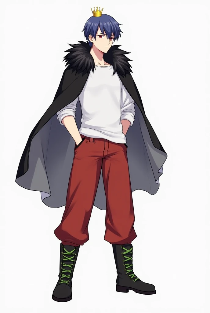 A small, plain golden crown is worn on the upper left side of the head.、Blue-purple short hair(Sideburns、bangs)、Black fur on shoulders、One black cloak、Both eyes are red、A plain white t-shirt with elbow-length sleeves、Red long sleeve trousers、black long boots(Green shoelaces)