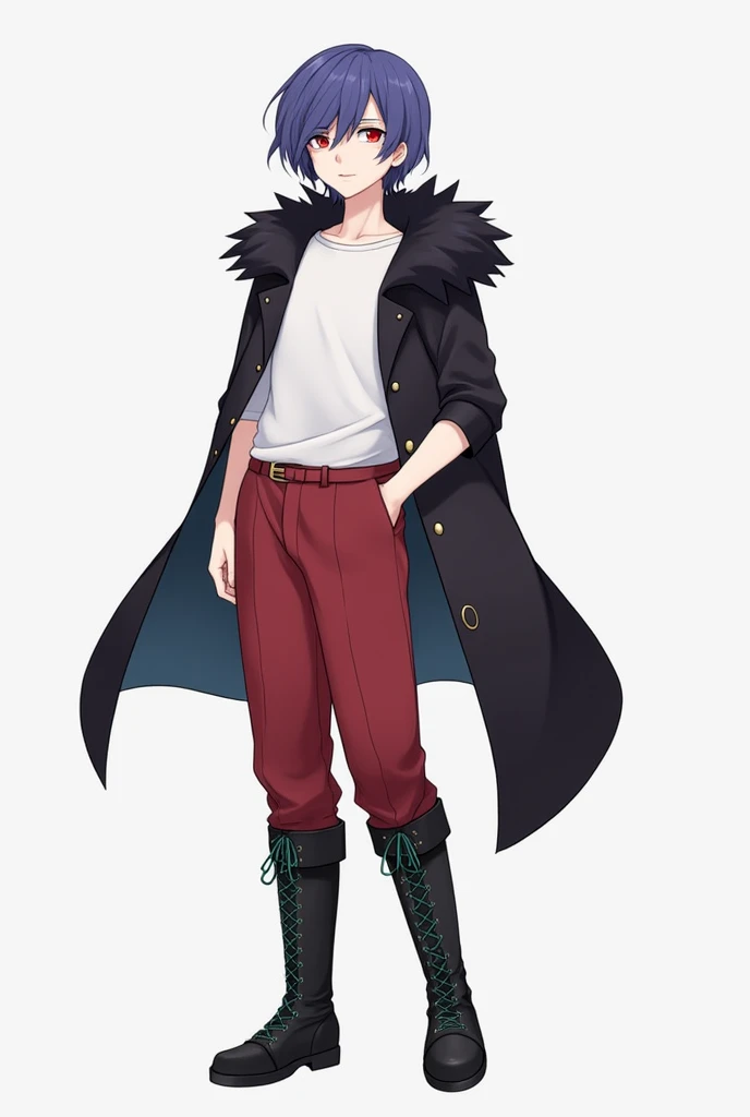 A small, plain golden crown is worn on the upper left side of the head.、Blue-purple short hair(Sideburns、bangs)、Black fur on shoulders、One black cloak、Both eyes are red、A plain white t-shirt with elbow-length sleeves、Red long sleeve trousers、black long boots(Green shoelaces)