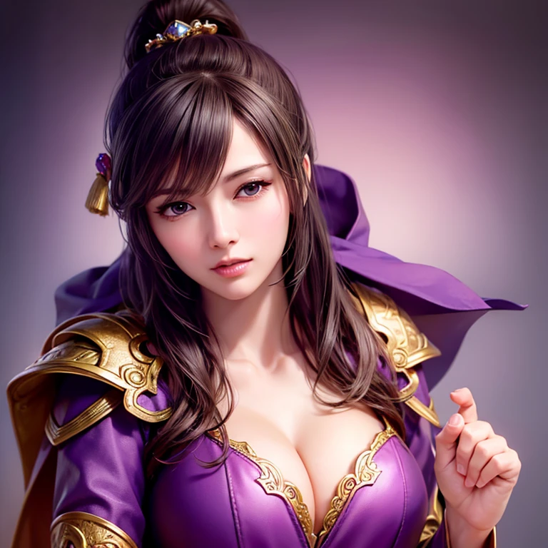 Close-up of a woman in armor and a purple cape, One person,Cute Ponytail,Large breasts and cleavage,Highly detailed face and skin texture,Looking into the camera, Chinese Warrior,Perfect beauty: 1.4, fine grain,double eyelid, Whitening skin,Highest quality,Ultra-high resolution,Simple Background