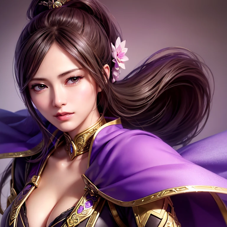 Close-up of a woman in armor and a purple cape, One person,Cute Ponytail,Large breasts and cleavage,Highly detailed face and skin texture,Looking into the camera, Chinese Warrior,Perfect beauty: 1.4, fine grain,double eyelid, Whitening skin,Highest quality,Ultra-high resolution,Simple Background