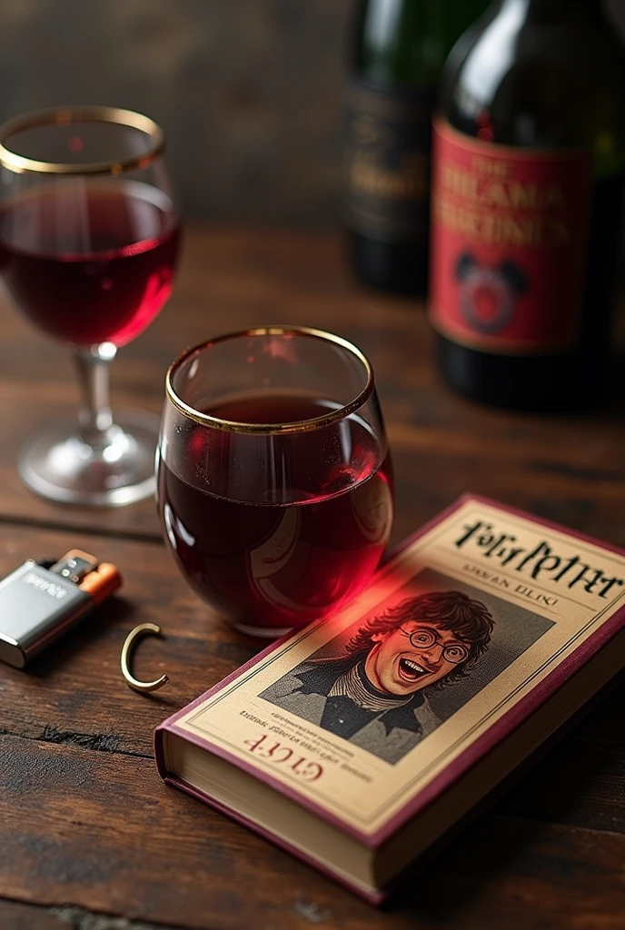 create an image for a cover with the phrase "Things I don't give a damn about" that has glasses like John Lennon's as a background, red wine, cigarettes, zippo lighter, Harry Potter book