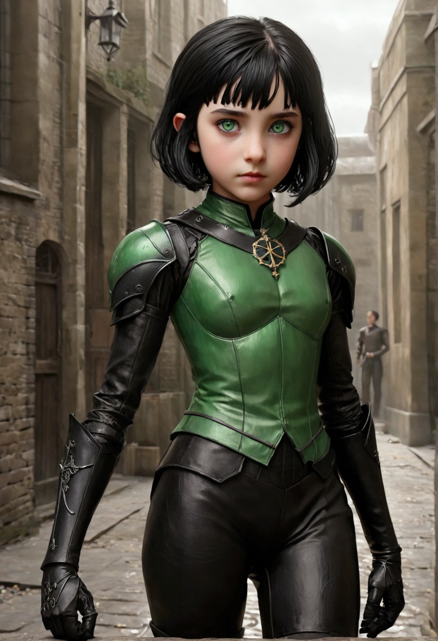 A young girl, Severus Snape's daughter,1slave, , green eyes , with short black hair and delicate features, giving her a cat-like appearance. Her armor was made from the medals she had taken as trophies from the adventurers she had slain. Her favorite weapons were the stilettos she would wear on her sides, though she also used a mace and a mithril estoc coated with orichalcum
