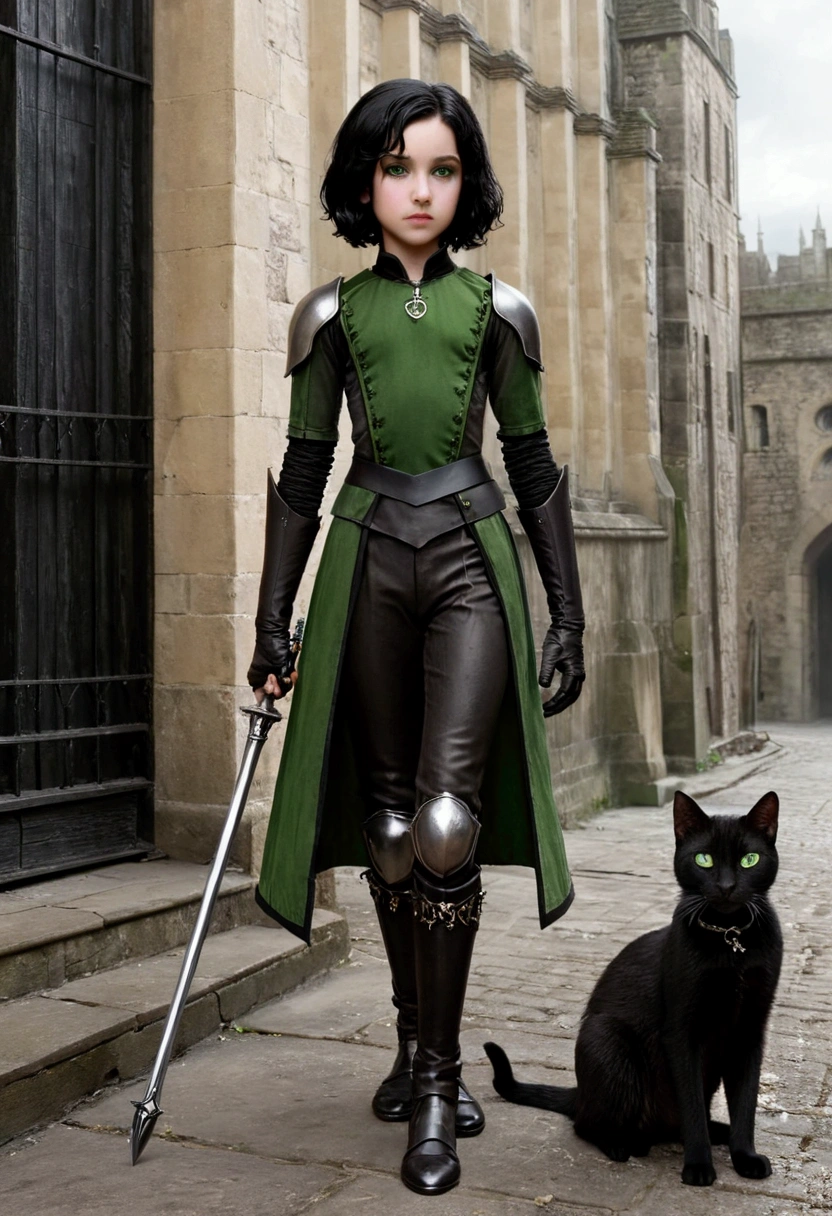 A young girl, Severus Snape's daughter,1slave, 11 years old, green eyes , with short black hair and delicate features, giving her a cat-like appearance. Her armor was made from the medals she had taken as trophies from the adventurers she had slain. Her favorite weapons were the stilettos she would wear on her sides, though she also used a mace and a mithril estoc coated with orichalcum
