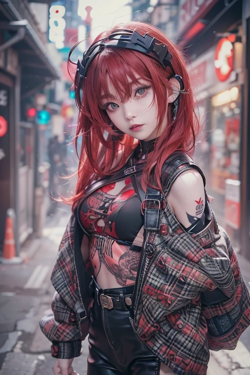 No sleeve、tattoo、真っred、本当にredい、red、red-haired、corruption、red hairs、Headphones、🎧、Goth_punk, One Girl, alone, Medium Shot, Stroll around Harajuku, ((At night)), Bokeh Depth of Field, Neon Light, 虹のeye, Starry Sky, red glowing hair, Black eyebrows, Radiant hair, (iridescent red hair), 耳Nipple Ring, prohibit, gem, mask, 鈍い前hair, Field&#39;eye, 口mask, Blurred背景, Blurred, hair adornments, Look at the viewers, shorth hair, Portraiture, Side Lock、Goth、(Tabletop), (Portraiture), (beautiful), (beautiful), (Upper blood), (high quality), (beautiful衣服), (Professional perspective), (Three-part method), (feminine), (woman), (woman), (beautiful),(feminine features), (Age 25), alone, woman1名, (Charming punk girl), Winters, Dramatic Light, ((I&#39;play the guitar)), (Are standing), anddgy makeup, (Small breasts), ((Electric guitar)), (front), (resistance的な表情), ((resistance)), (レザージャケットとtattoo), ((Short hair)), (dyed (and.G. and pink) hair), (spiky hair), (Thick hair), Matte shine hair, (Hair bands scattered in the hair), (Green eyes), (A bold and daring look), (Pale skin), (Dark clothing), (Band T-shirts), (Ripped jeans), (-), Crew neck), ((Urban alley background)), (Close-up shot), beautiful hands, both hands, Normal hand, Two Arms, Complete Hand, beautiful body, beautiful fingers, Normal finger, Five Fingers, Five Fingers, (Thumb Index Finger Ring Finger), beautiful ears, Normal ear, beautiful eyes, 輝くeye, beautiful mouth, beautiful lips,