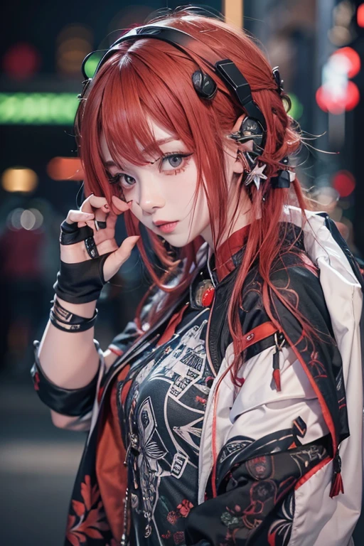 No sleeve、tattoo、真っred、本当にredい、red、red-haired、corruption、red hairs、Headphones、🎧、Goth_punk, One Girl, alone, Medium Shot, Stroll around Harajuku, ((At night)), Bokeh Depth of Field, Neon Light, 虹のeye, Starry Sky, red glowing hair, Black eyebrows, Radiant hair, (iridescent red hair), 耳Nipple Ring, prohibit, gem, mask, 鈍い前hair, Field&#39;eye, 口mask, Blurred背景, Blurred, hair adornments, Look at the viewers, shorth hair, Portraiture, Side Lock、Goth、(Tabletop), (Portraiture), (beautiful), (beautiful), (Upper blood), (high quality), (beautiful衣服), (Professional perspective), (Three-part method), (feminine), (woman), (woman), (beautiful),(feminine features), (Age 25), alone, woman1名, (Charming punk girl), Winters, Dramatic Light, ((I&#39;play the guitar)), (Are standing), anddgy makeup, (Small breasts), ((Electric guitar)), (front), (resistance的な表情), ((resistance)), (レザージャケットとtattoo), ((Short hair)), (dyed (and.G. and pink) hair), (spiky hair), (Thick hair), Matte shine hair, (Hair bands scattered in the hair), (Green eyes), (A bold and daring look), (Pale skin), (Dark clothing), (Band T-shirts), (Ripped jeans), (-), Crew neck), ((Urban alley background)), (Close-up shot), beautiful hands, both hands, Normal hand, Two Arms, Complete Hand, beautiful body, beautiful fingers, Normal finger, Five Fingers, Five Fingers, (Thumb Index Finger Ring Finger), beautiful ears, Normal ear, beautiful eyes, 輝くeye, beautiful mouth, beautiful lips,