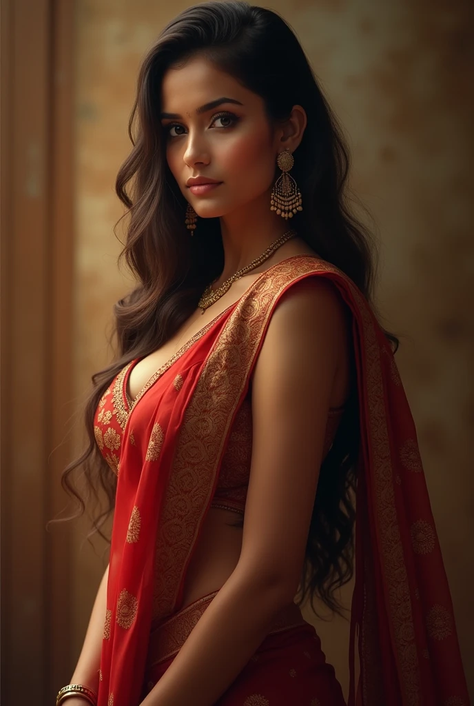 A beautiful curvy indian woman with big boobs wearing saree