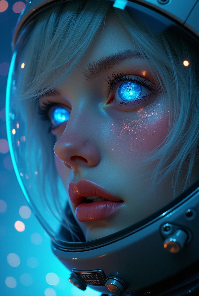 (Close-up of a better masterpiece:1.5)0.9], (Space and astronauts:1.2) (Messy silver hair:1.1) (Heterochromia xanthochromia and blue eyes:1.2) (Space Helmet:1.0) (Colored stars in the eyes:1.0) (A radiant glow:1.1) (thick lips:0.9)