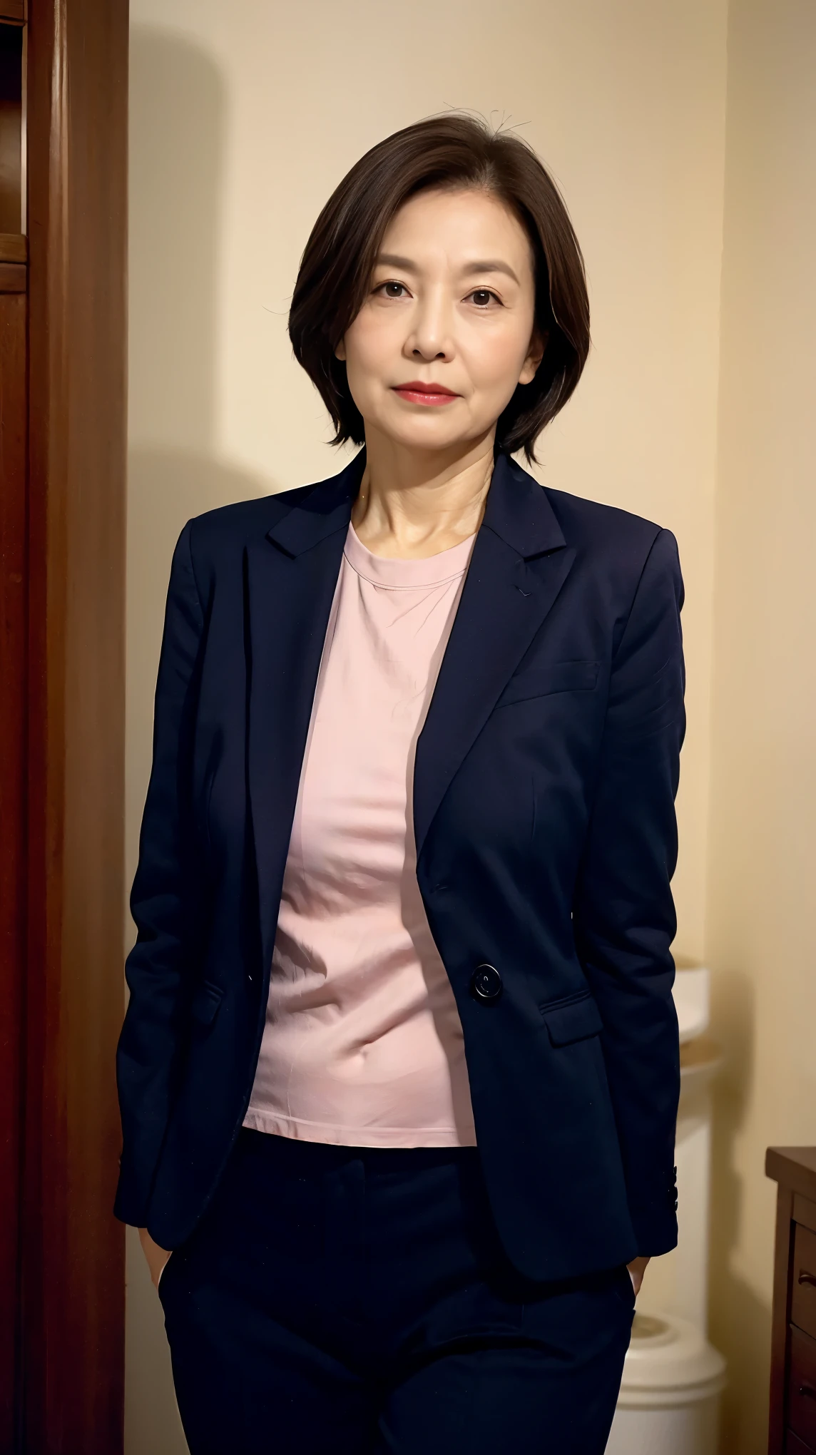 masterpiece, ((Depth of written boundary)), 32K, Beautiful finish, Face close-up, Beautiful mature woman, 65 years old, Photo of your ID, Business Person, board member, View from the front, Long face, A disdainful look, Cool look, Red lips, Thin lips, White innerwear, suit, Remove Background, Light from the front,