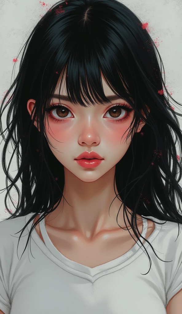 hyper-detailed front portrait of black-haired woman, front center view, t-shirt, by James Jean style, highly detailed face, digital art, impressionism, deep gaze, princess eyes, best dynamic composition