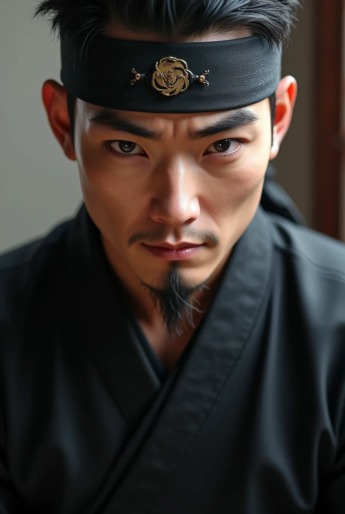 character, Chinese male , wearing Kung Fu suite , close face , wearing eye band , clothe color black , realistic, 4 k , with devil smile