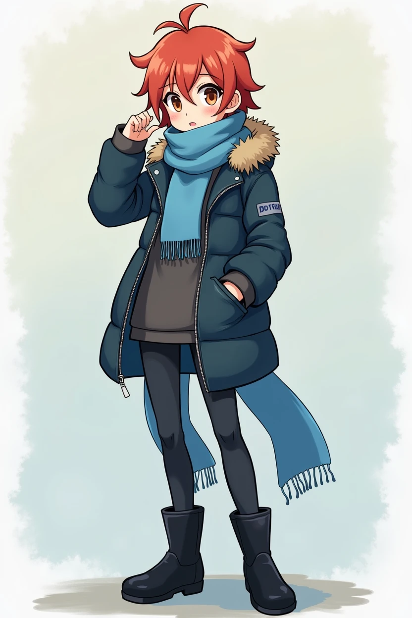 Whole body, rubio, athletic, adolescent, eyes the color of honey, blue scarf, wider jacket, black boots, pocket, anime, 4k, epic