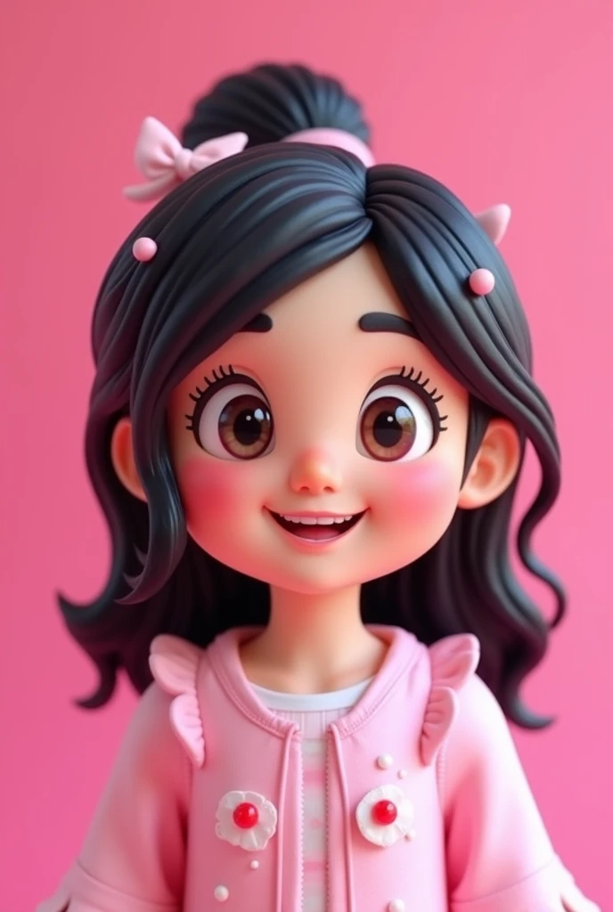 Create a ROBLOX figure
. Smiling girl with vibrant pink background, loose black hair and pink hair accessory, pink aetshteic blouse with white parts and kawaii accessories