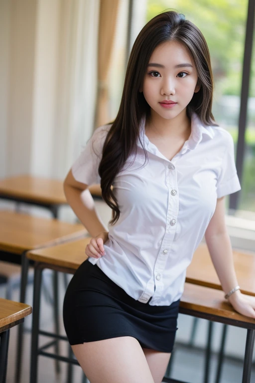 Close up,1 girl{{A beautiful girl wearing a white short-sleeved shirt and a black short A-line skirt}} stood in the classroom.  sexy poses  with several lecture tables set up behind it  There is a sliding glass window.  There was evening light streaming into the room.