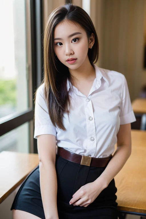 Close up,1 girl{{A beautiful girl wearing a white short-sleeved shirt and a black short A-line skirt}} stood in the classroom.  sexy poses  with several lecture tables set up behind it  There is a sliding glass window.  There was evening light streaming into the room.