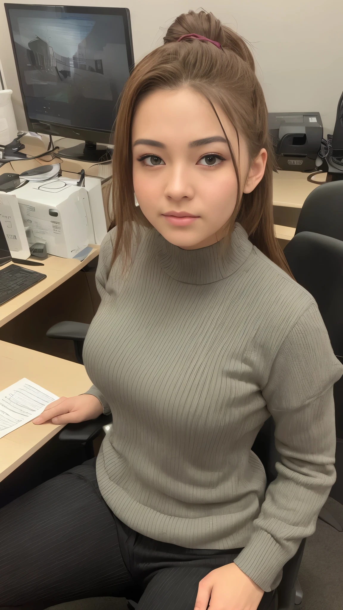 masterpiece, Highest quality, Detailed face, Detailed eyes, withdraw, ponytail, Ribbed sweater, office, machine, computer, Sitting, office lady, office chair, That's it - King Bang: 0.8) 、Heavy makeup、((Sweating and blushing, , Biting a , holding a  with  on it,  on , Used condom))、Detailed and complete characters、((safety Sensors、safety、安心safety、絶対safety、Everyone))