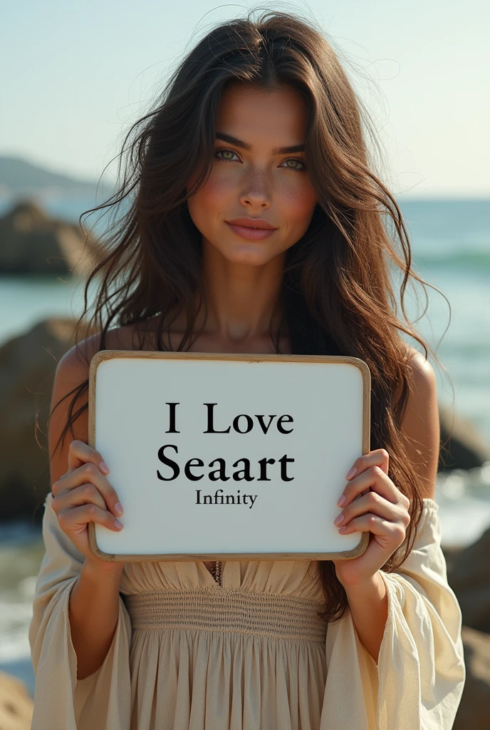 Beautiful girl with wavy long hair, bohemian dress, holding a white board with text "I Love Seaart Infinity" and showing it to the viewer