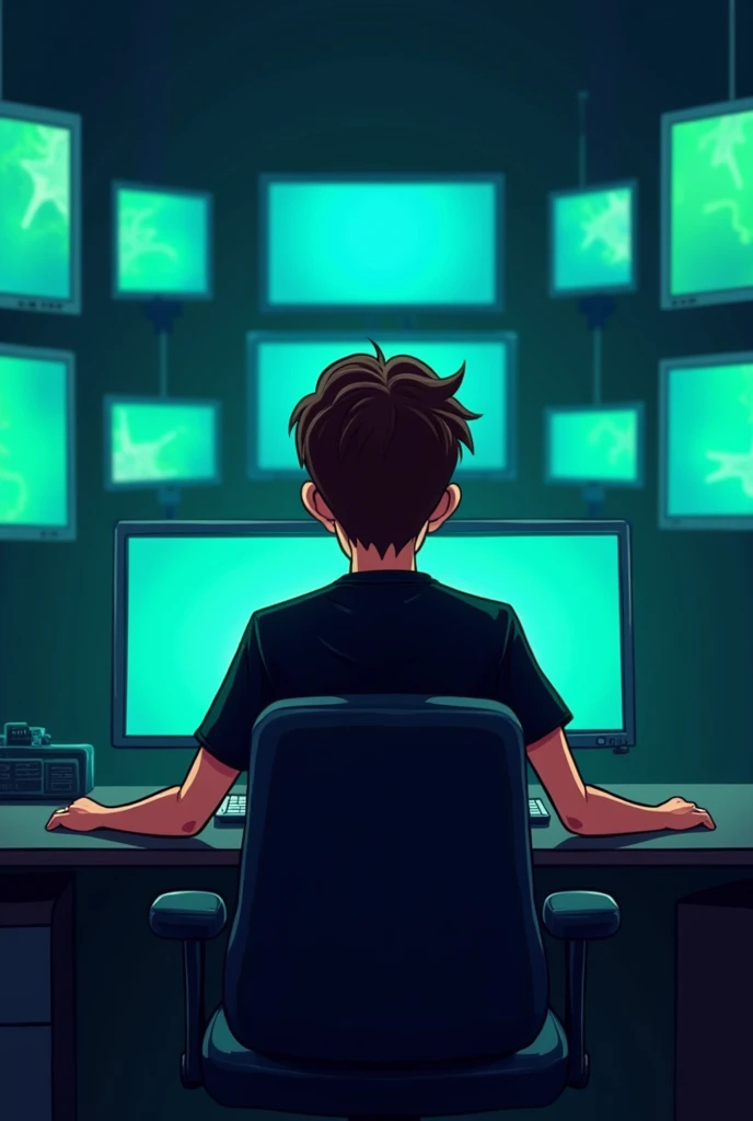 I want a background with screens and green and blue LED lights and in the middle there is an 18-year-old boy with a black t-shirt sitting in a desk chair with his back to the screens in a cartoon style. 


