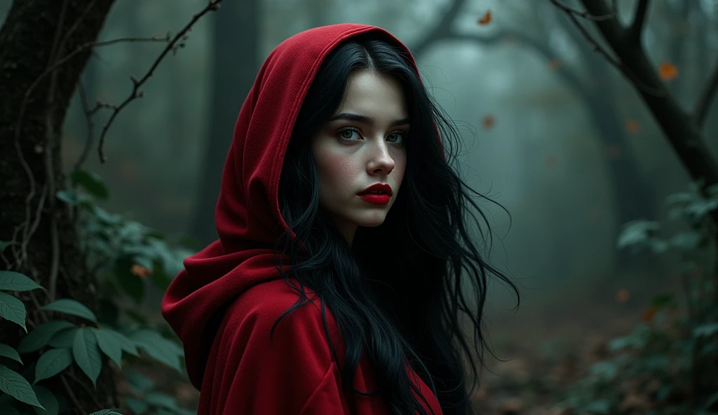 a beautiful girl with long black hair, Red lips, and wearing a red hooded cape, with neckline, Profile, dark forest environment around her