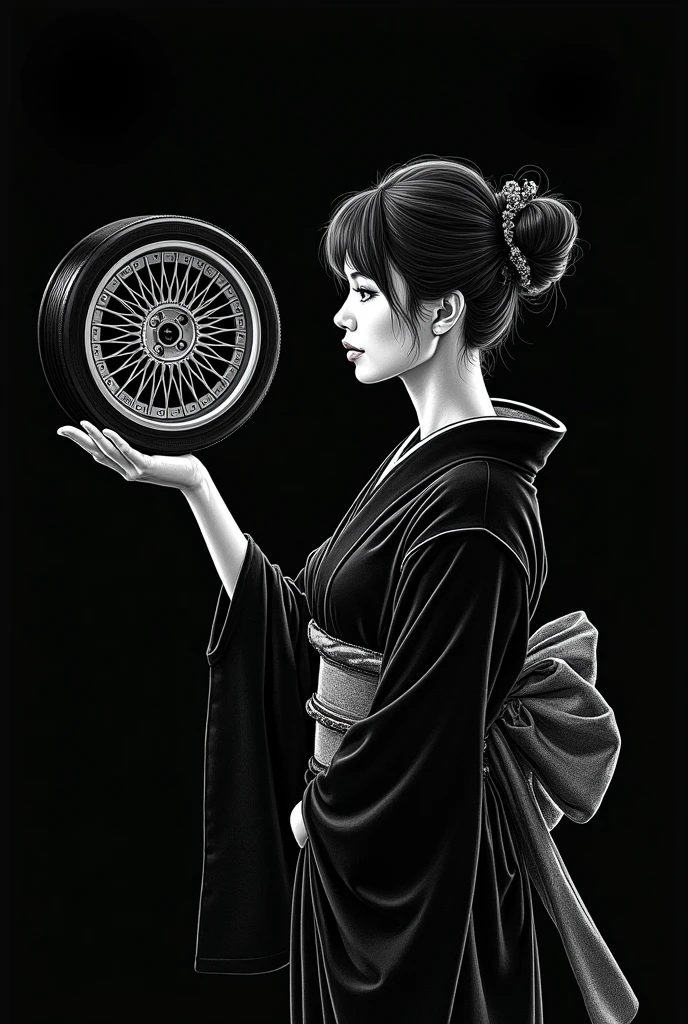 A drawing drawn with only a white pen on a black background. No grey, only black and white. A woman in a kimono holding a car wheel in her hand. The wheel has a deep mesh rim.

