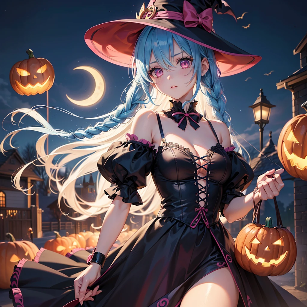 (Sky Blue Hair),(Braided medium hair), (Pink Eyes),Fair skin) ,(whole body),(One Girl),(Crescent Moon),(There are many pumpkin ghosts in the background),(Trick or Treat),Halloween Night Party),(masterpiece, Highest quality, Very detailed, Best Shadow), (Detailed Background), (Beautifully detailed face), High Contrast, (Best lighting, Very delicate and beautiful), ((Cinematic Light)), Hyper Detail,8k, Dramatic Light, Intricate details,Witch&#39;s Clothes,Magic broom,night,Flying bats in the sky,