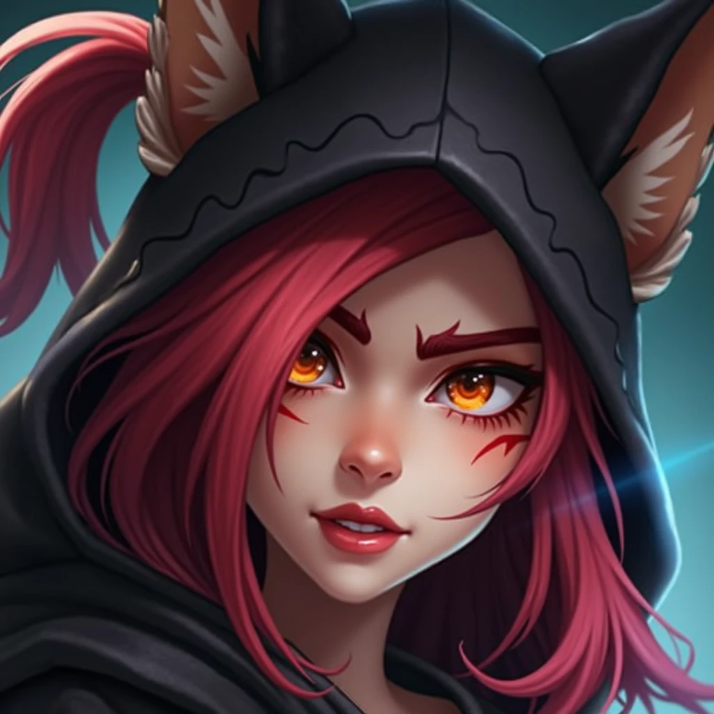 1 girl, xayah (League of Legends), orange eyes, animal eyes, Red-Hair, hoodie, animal ears