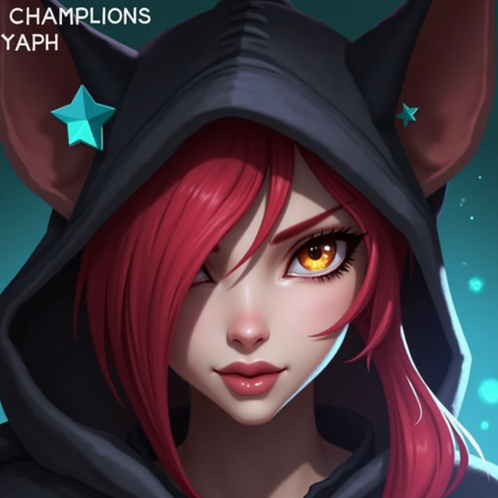 1 girl, xayah (League of Legends), orange eyes, animal eyes, Red-Hair, hoodie, animal ears