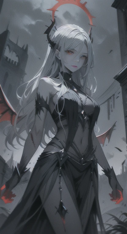 Grey skin, blood halo, Goddess, rare, cursed maiden, goddess armor, beautiful woman, long silver hair, red glowing eyes, grey skin, black wings, castle ruins,