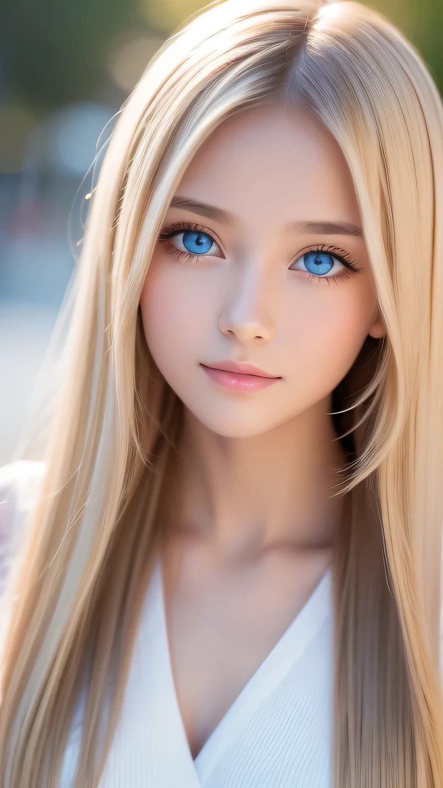 Crystal clear and shiny skin、Cute 13 year old with beautiful face、Very large, beautiful, bright, pale sky blue eyes、Very big eyes、Super long straight hair that shines in the light、Long, silky bangs that cover her cute eyes、Hair that hides sexy features、too long bangs、Sexy and cute young beauty、Super long natural young blonde hair with sparkling highlights Blonde over one eye Blonde over one eye、Blonde hair between the eyes