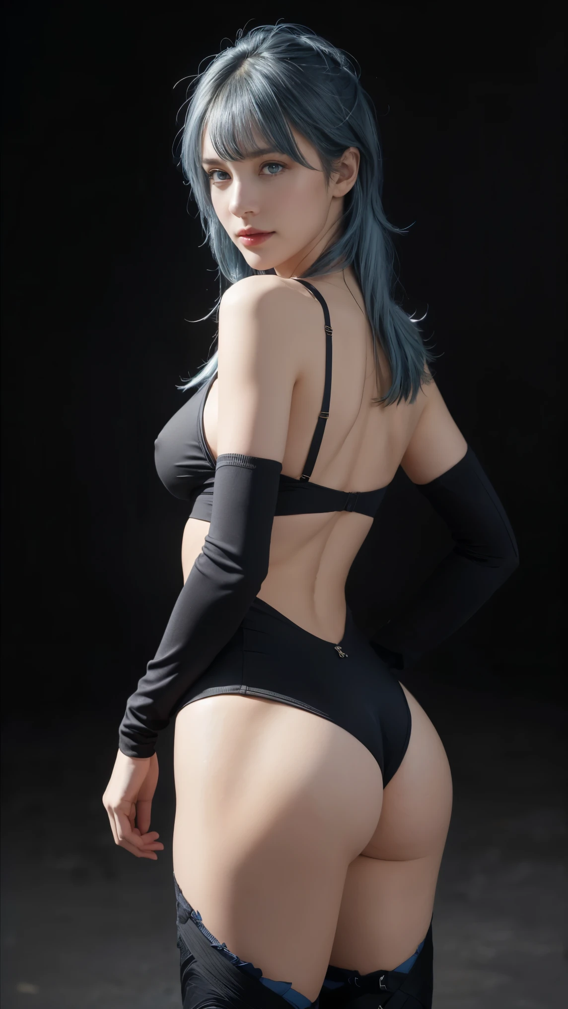 8K, Top Quality, Intricate Details, Ultra Detail, Ultra High Resolution, Masterpiece, close up shot, shot from behind, (()), (Looking back), (full body: 1.1), Slender, Smile, smirk, (Makeup: 0.4), ,(( bangs, blue eyes, blue hair, bangs, , )), (Fluffy Eyes: 1.21), (()), 1girl, solo, 1 girl, (()), close up shot, , ((tall)), (((fit body))), (((slim face))), sharp face, ((walking pose)) ,(detailed face), sharp face, small lips, smirk ,smile ,(( ass , butt cheek,)) ,, ,
((, , wind blow hair, )), , ((skin tight outfit )), detailed face, detailed breast, large breast, huge breast, detailed ass , large ass, huge ass, detail nipples ,, Narrow Waist, Skinny, tall , 190 cm tall, Muscular, Navel, Exposed Abdomen, Pointed Chest,, Beautiful girl with accentuated slender abs: 1.4, Six Pack Abs: 1.4, , Perfect Body, detail legs, (( dark background)), black background,