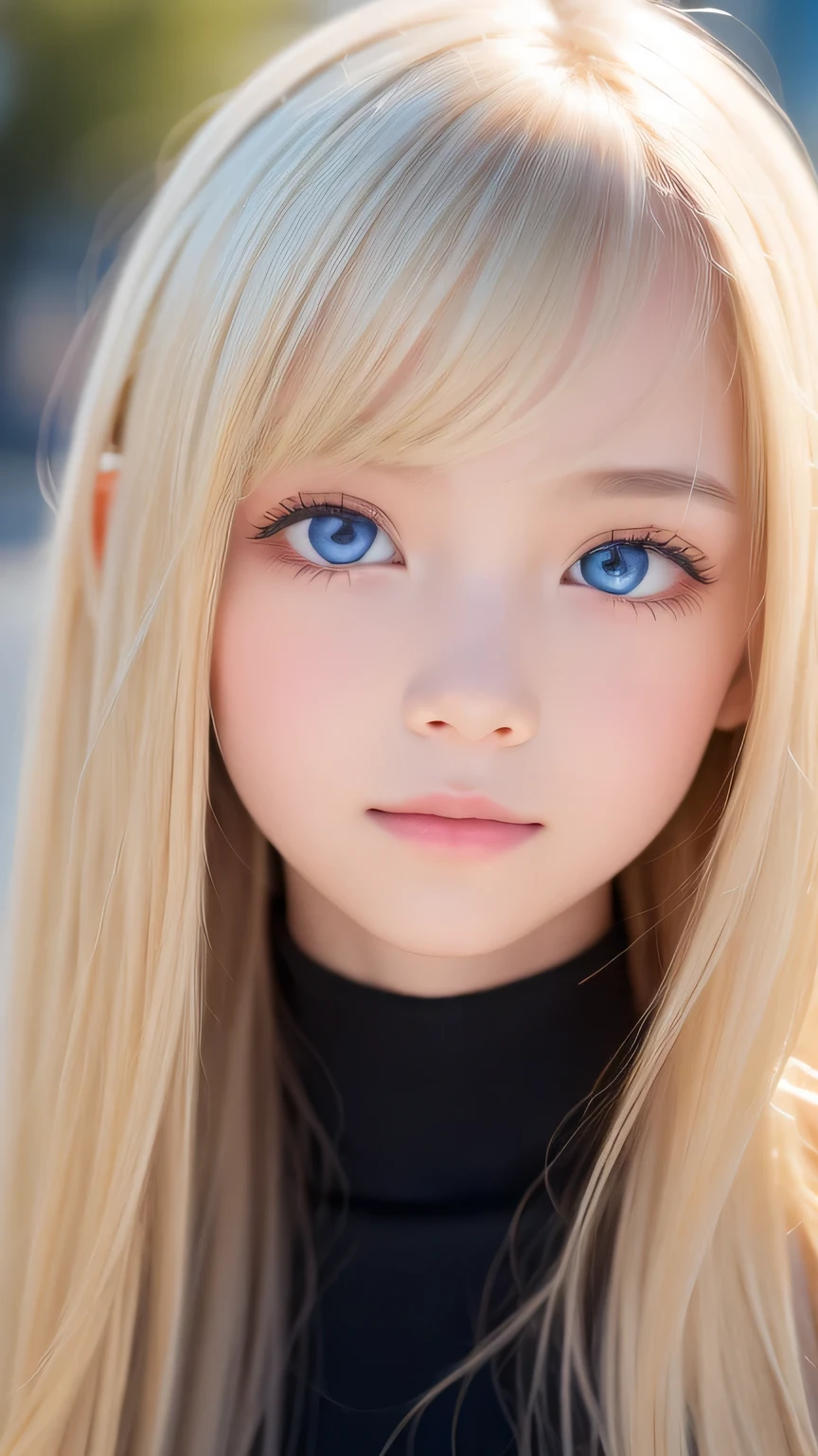 Crystal clear and shiny skin、Cute 13 year old with beautiful face、Very large, beautiful, bright, pale sky blue eyes、Very big eyes、Super long straight hair that shines in the light、Long, silky bangs that cover her cute eyes、Hair that hides sexy features、too long bangs、Sexy and cute young beauty、Super long natural young blonde hair with sparkling highlights Blonde over one eye Blonde over one eye、Blonde hair between the eyes