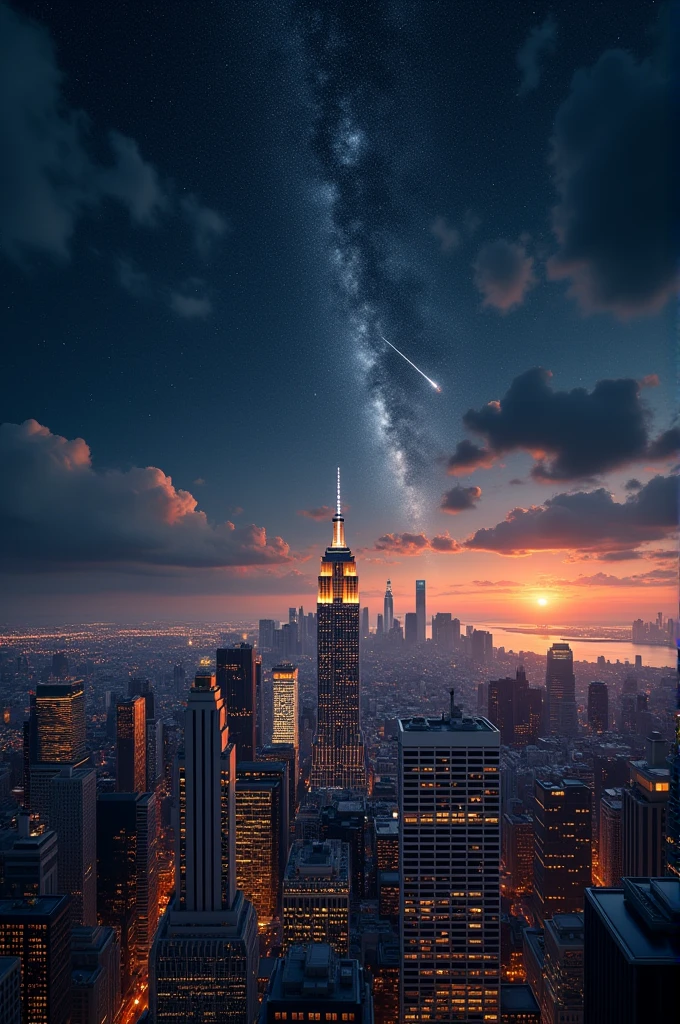 (Realistic, Photorealistic:1.4), Beautiful photography, skyline of a city, skyscraper, golden colors , starry sky, shooting star, large dark sky