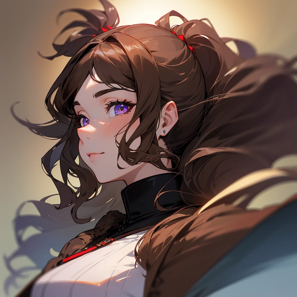 ((masterpiece)), ((best quality)), 1girl, adult, long hair, big bust, ((brown hair)), ((intimidant look)), ((close-up)), profile image, black and red clothes, sexy, dark colors, ((coat with fur)), ((wavy hair)), exposed skin, ((sexy pose)), good anatomy, ((dark sage clothes)), ((straight cut bangs)), emotionless, intimidant, ((beautiful eyes)), dark background, close up, ((detailed eyes)), ((detailed face)), hair bang, frontal look, relaxed, smile, queen, ponytail, violet eyes