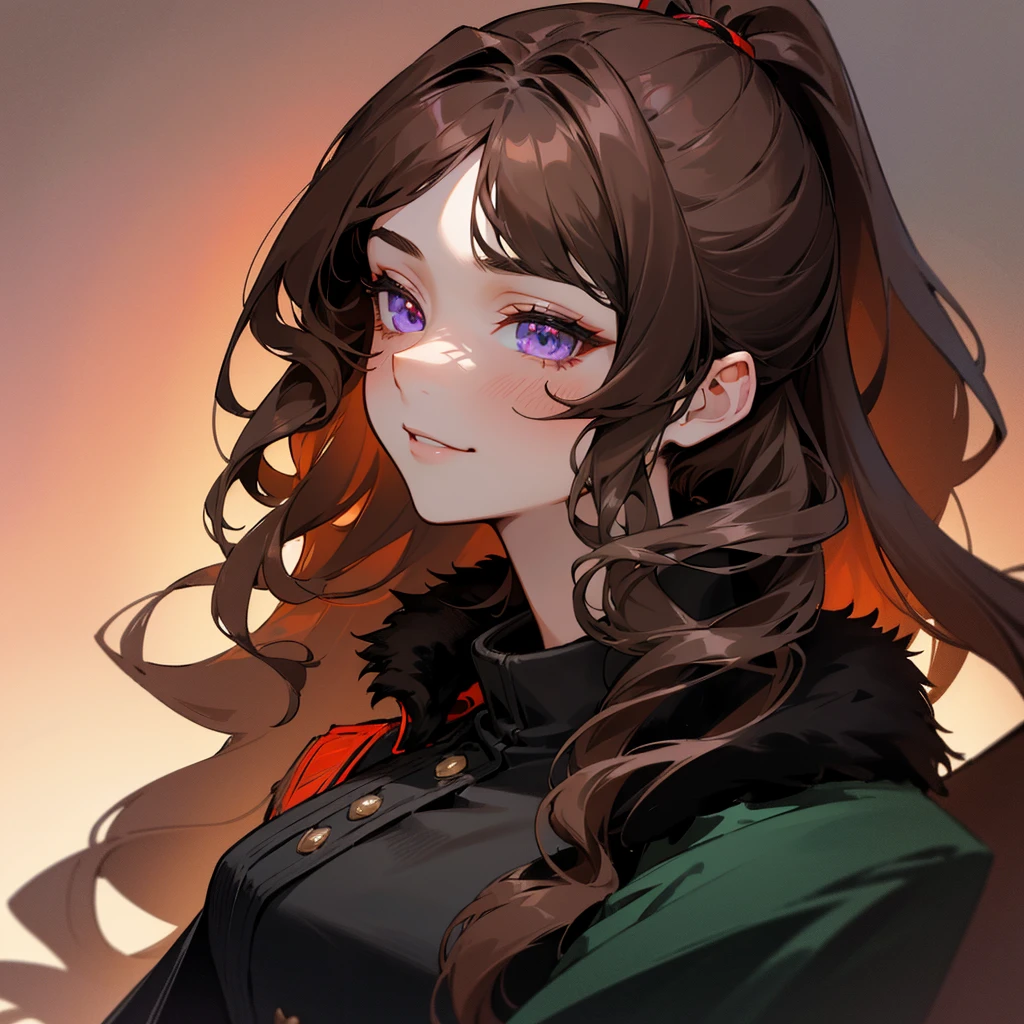 ((masterpiece)), ((best quality)), 1girl, adult, long hair, big bust, ((brown hair)), ((intimidant look)), ((close-up)), profile image, black and red clothes, sexy, dark colors, ((coat with fur)), ((wavy hair)), exposed skin, ((sexy pose)), good anatomy, ((dark sage clothes)), ((straight cut bangs)), emotionless, intimidant, ((beautiful eyes)), dark background, close up, ((detailed eyes)), ((detailed face)), hair bang, frontal look, relaxed, smile, queen, ponytail, violet eyes