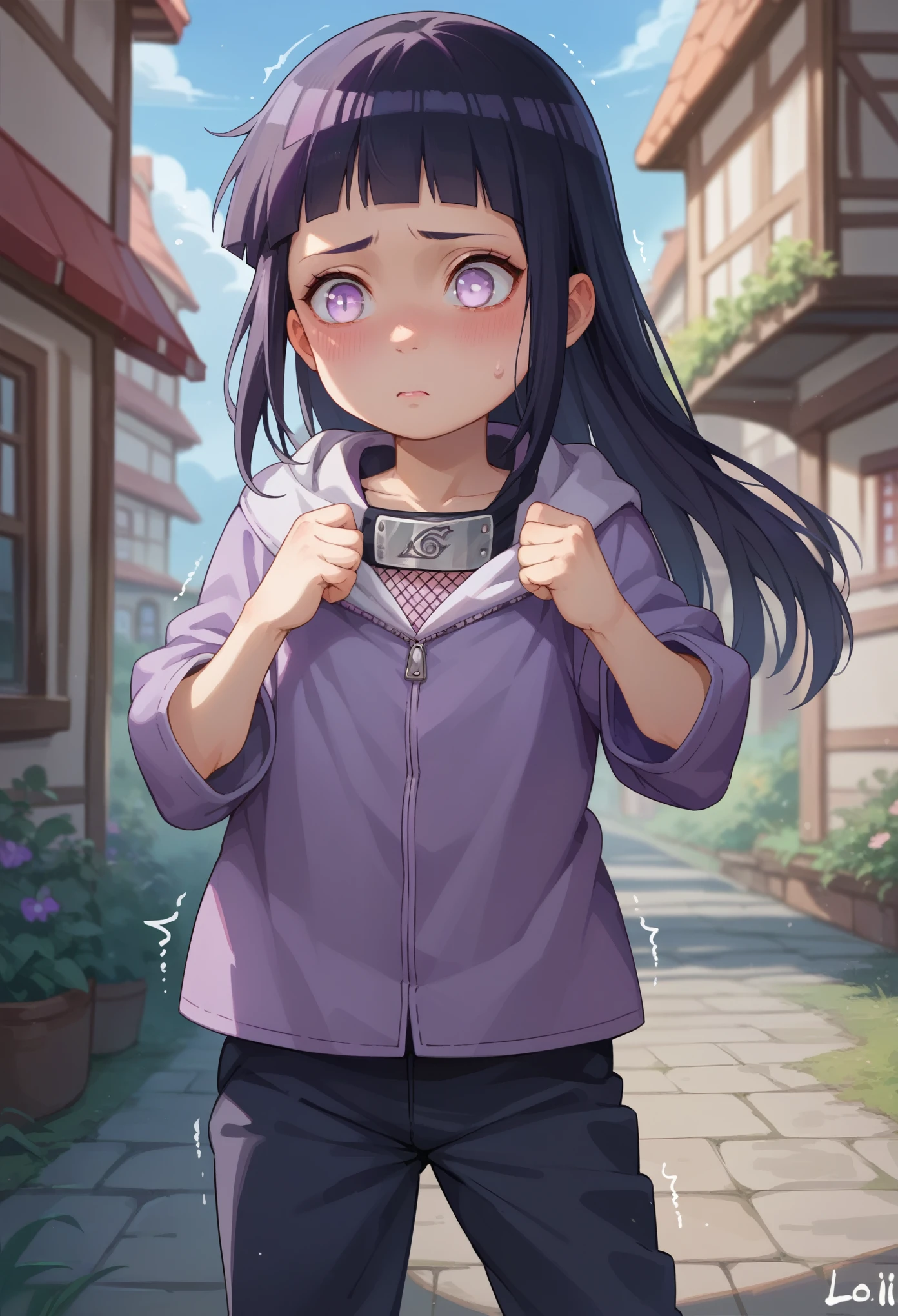 score_9, score_8_up, score_7_up, 1girl solo, (loli:1.5), kid, flat chest, hinataSDXL, long hair, black hair, purple eyes, skinny, white eyes, pants, purple jacket, hood, forehead protector, konohagakure symbol, hyuuga hinata, shaking, standing, blushing, surprised, oversized clohtes, looking down, tradicional village