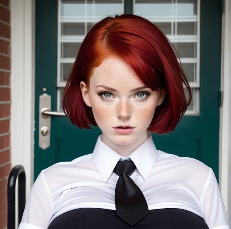 Extra Short red hair,alone,entrance of a school,dressed in a white shirt,black tie,black school skirt,giant breasts,looking at the viewer,Pale skin,freckles on the face