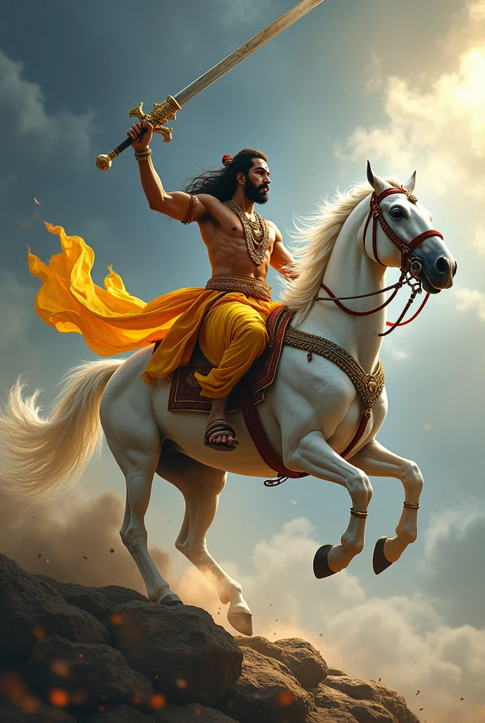 Last avatar of lord Vishnu, that is Kalki, riding a white horse and a long sword in his hand. Wearing yellow dhoti