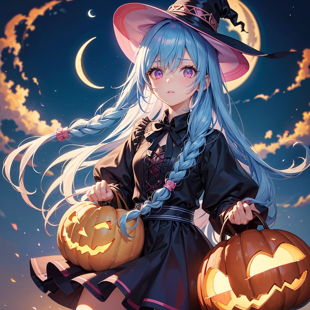 (Sky Blue Hair),(Braided medium hair), (Pink Eyes),Fair skin) ,(whole body),(One Girl),(Crescent Moon),(There are many pumpkin ghosts in the background),(Trick or Treat),Halloween Night Party),(masterpiece, Highest quality, Very detailed, Best Shadow), (Detailed Background), (Beautifully detailed face), High Contrast, (Best lighting, Very delicate and beautiful), ((Cinematic Light)), Hyper Detail,8k, Dramatic Light, Intricate details,Witch's Clothes,Magic broom,night,Flying bats in the sky,