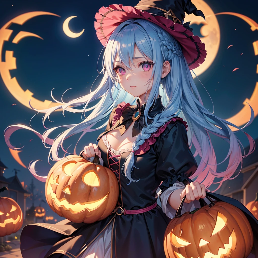 (Sky Blue Hair),(Braided medium hair), (Pink Eyes),Fair skin) ,(whole body),(One Girl),(Crescent Moon),(There are many pumpkin ghosts in the background),(Trick or Treat),Halloween Night Party),(masterpiece, Highest quality, Very detailed, Best Shadow), (Detailed Background), (Beautifully detailed face), High Contrast, (Best lighting, Very delicate and beautiful), ((Cinematic Light)), Hyper Detail,8k, Dramatic Light, Intricate details,Witch&#39;s Clothes,Magic broom,night,Flying bats in the sky,