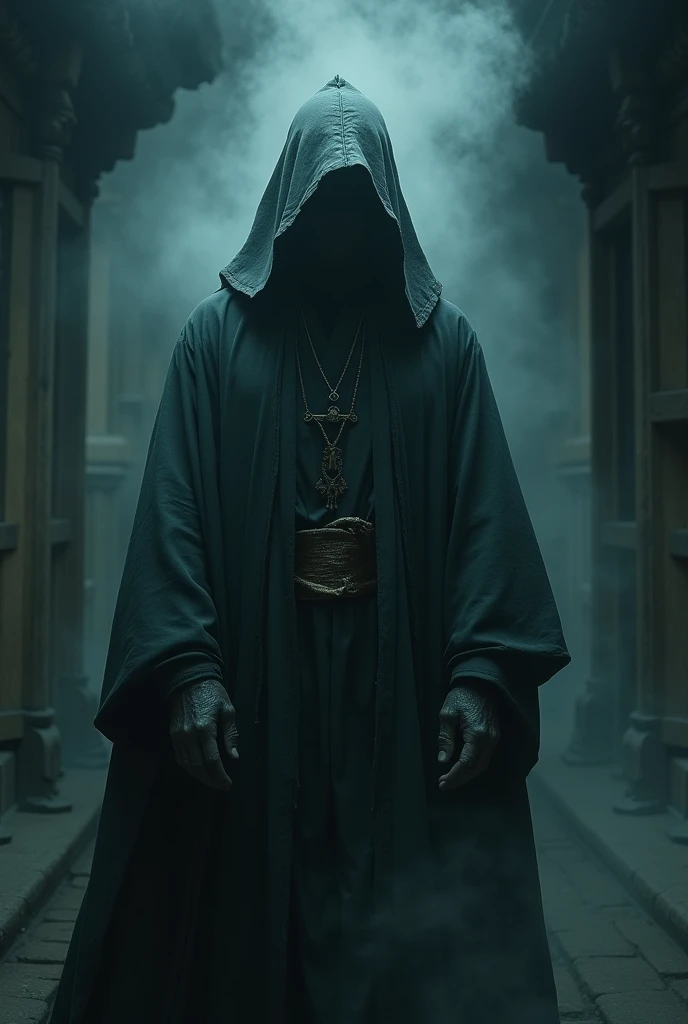 a hyper-realistic ghostly figure in traditional attire,shrouded in mist and shadows,eerie atmosphere,cinematic lighting,dark moody tones,highly detailed,masterpiece,photorealistic,dramatic shadows,mystical,intricate details,haunting,moody lighting,atmospheric,stunning composition,ethereal,supernatural,gothic,chiaroscuro