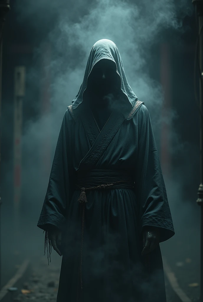 a hyper-realistic ghostly figure in traditional attire,shrouded in mist and shadows,eerie atmosphere,cinematic lighting,dark moody tones,highly detailed,masterpiece,photorealistic,dramatic shadows,mystical,intricate details,haunting,moody lighting,atmospheric,stunning composition,ethereal,supernatural,gothic,chiaroscuro